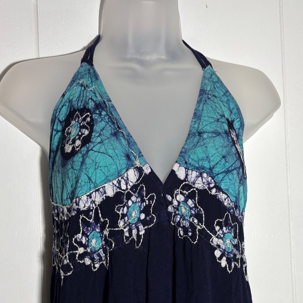 Batik Halter Maxi Dress Navy Turquoise Boho Embroidered Rayon Open Back One size - Picture 2 of 10